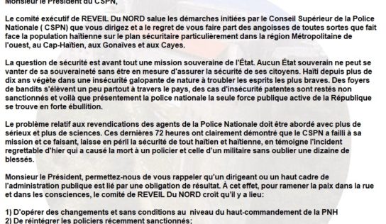 Sans dédouaner Normil Rameau, l’organisation REVEIL DU NORD écrit au Président du CSPN