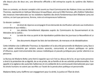 Betty Lamy écrit à l’ONU pour obtenir la solidarité internationale